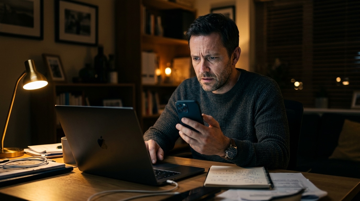 Homme inquiet vérifiant ses mots de passe sur ordinateur la nuit
