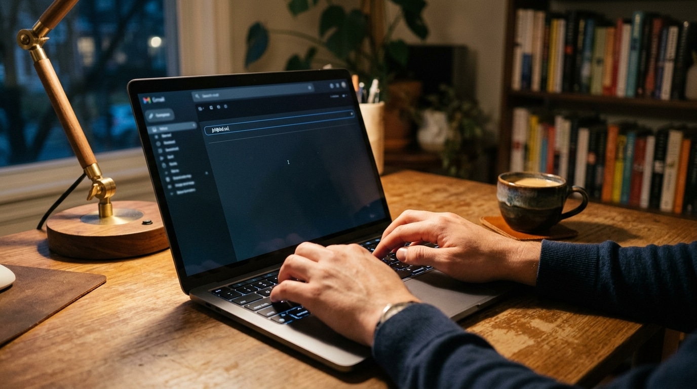 Main tapant une adresse mail sur un clavier d'ordinateur portable