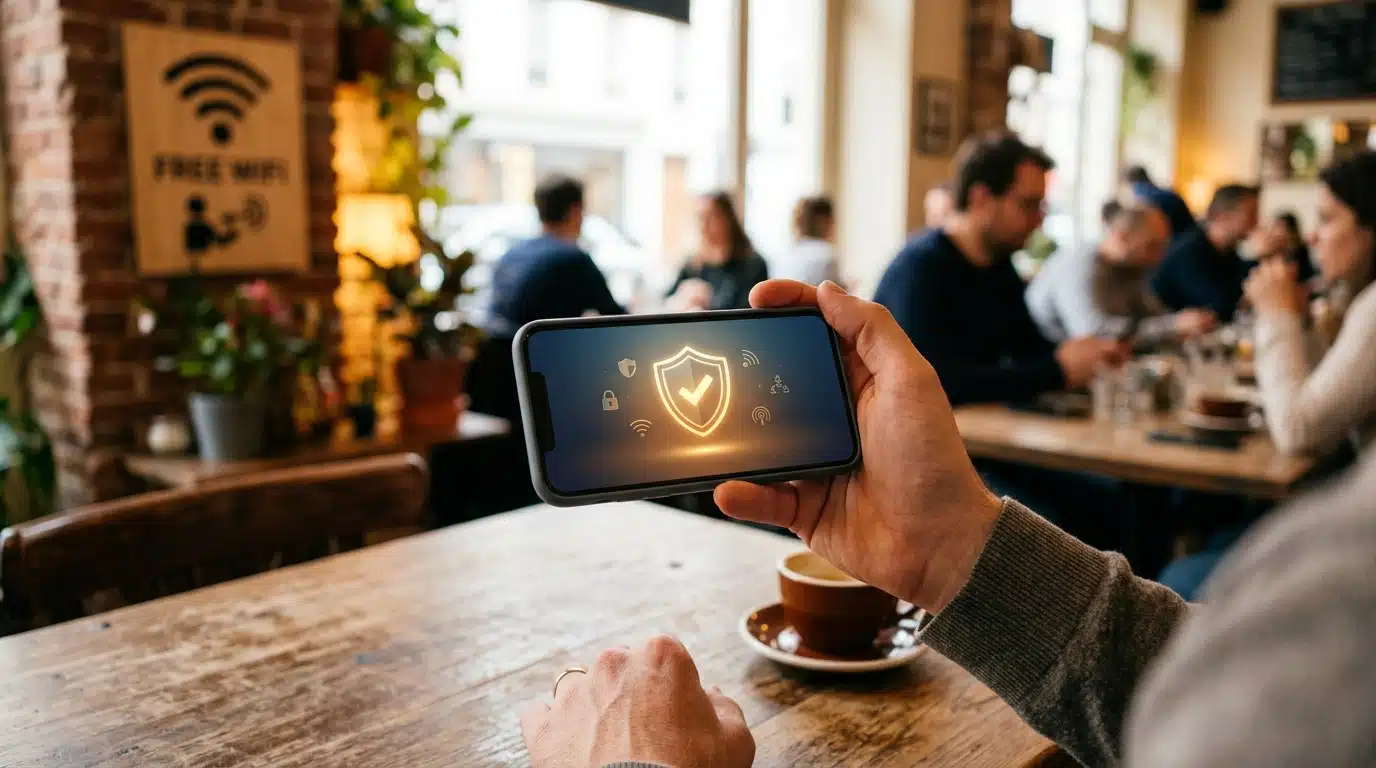 Smartphone affichant une alerte de sécurité dans un café public
