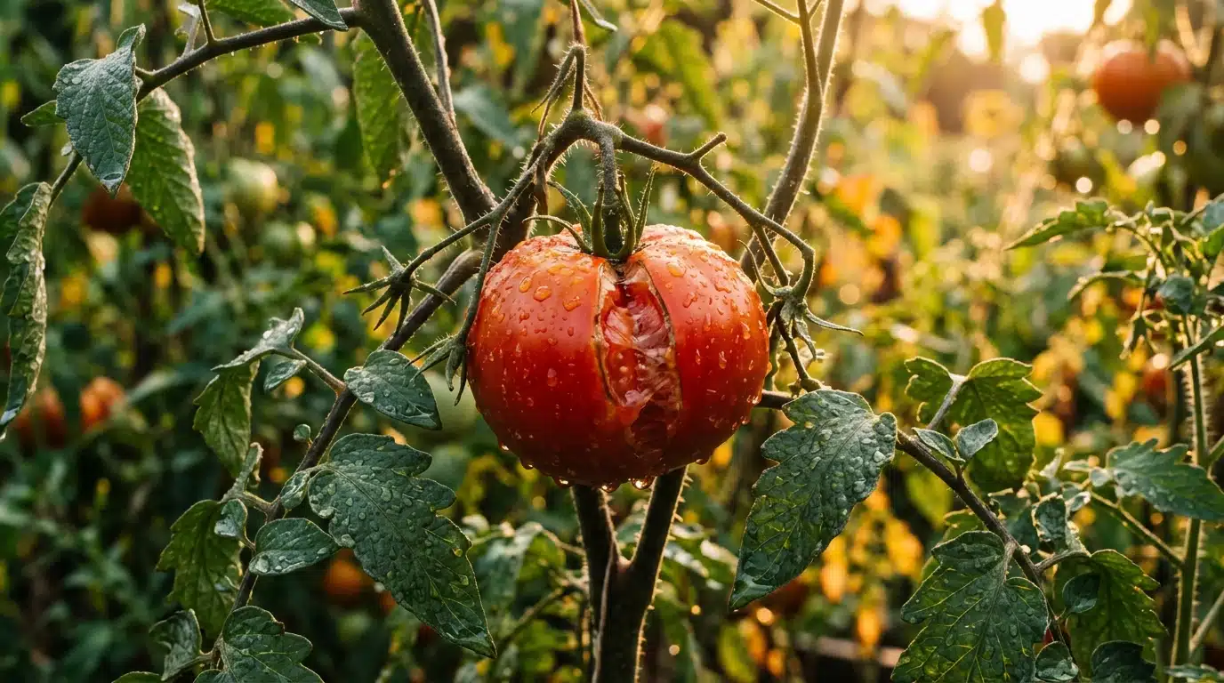 Tomate fendue sur pied après un orage d'été