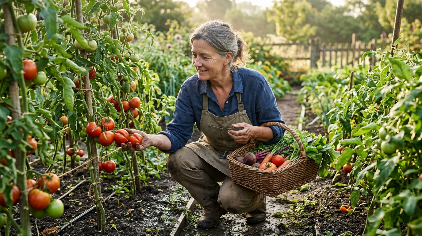 Jardinière inspectant des tomates éclatées au potager