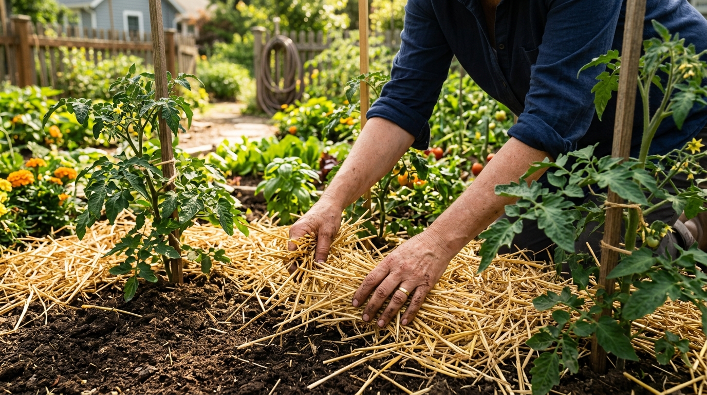Mains étalant du paillage de paille au pied des tomates