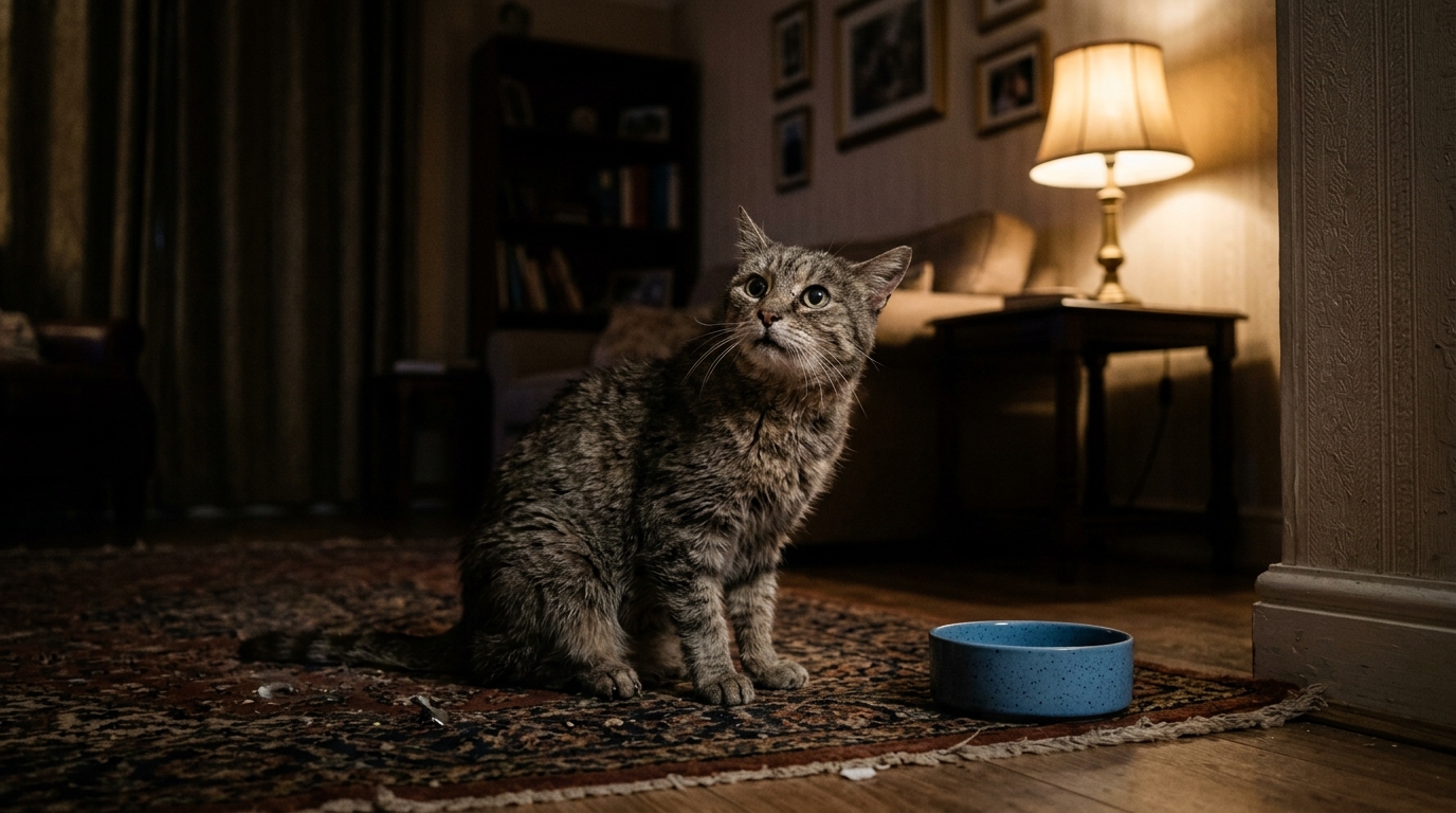 Chat âgé désorienté la nuit dans le salon