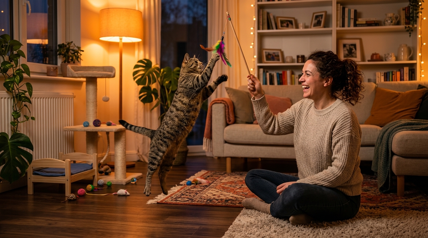 Femme jouant avec son chat le soir avant le coucher