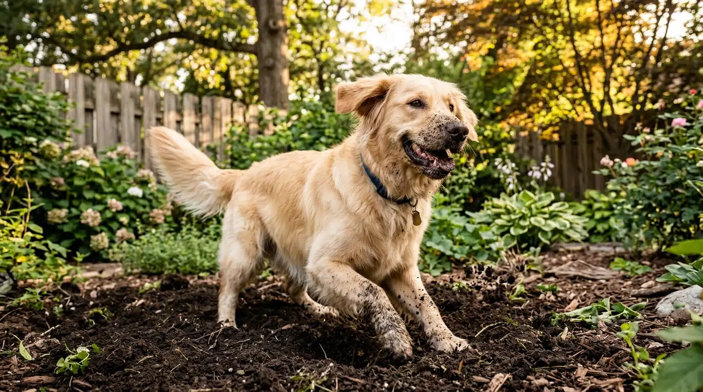Chien creusant la terre dans un jardin ensoleillé