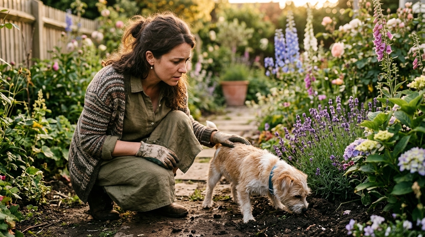 Femme inquiète regardant son chien manger de la terre