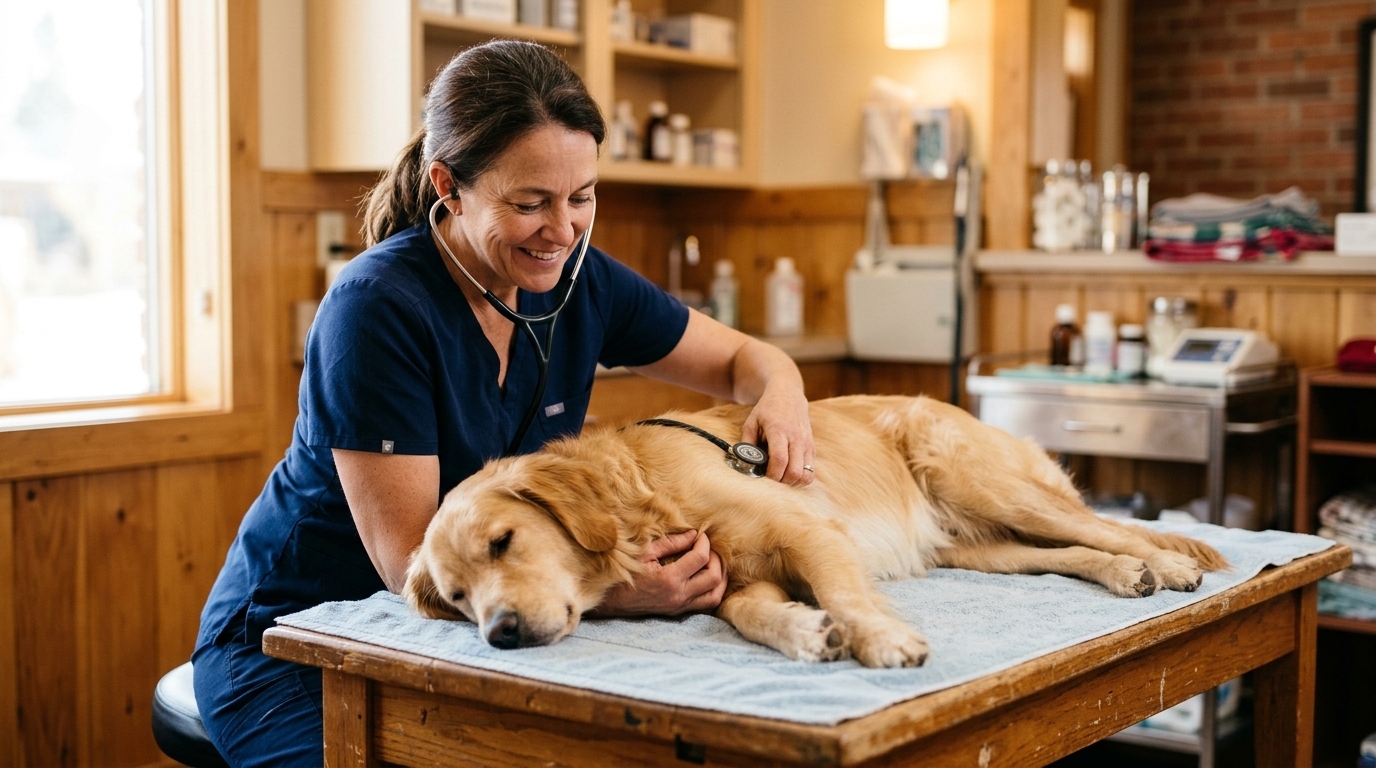 Vétérinaire examinant un chien calme en clinique