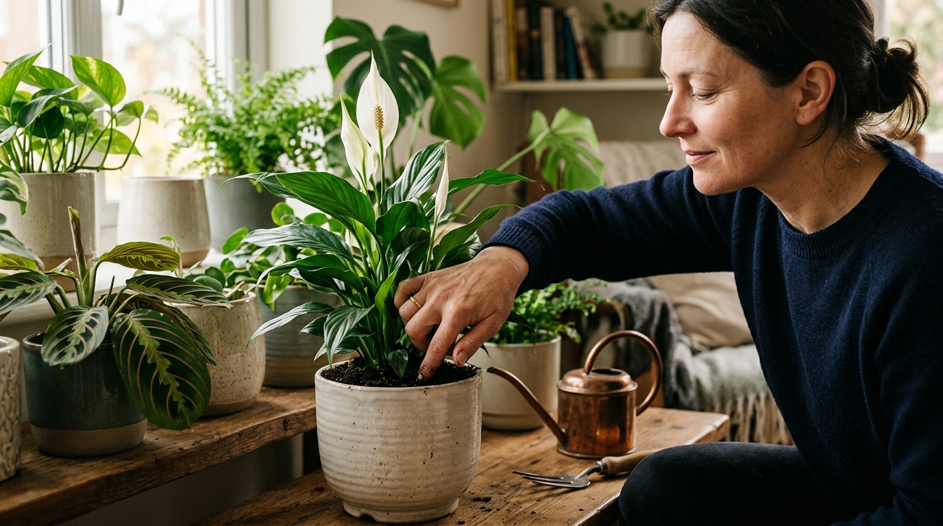 Main testant l'humidité du sol d'une plante verte