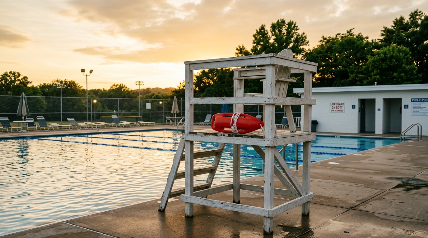 Chaise de maître-nageur vide au bord d'une piscine