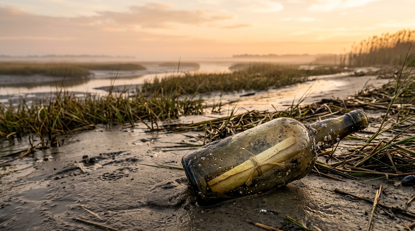 Bouteille en verre échouée sur une plage de marais