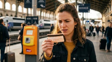 Voyageur examinant la bande magnétique d'un billet plié