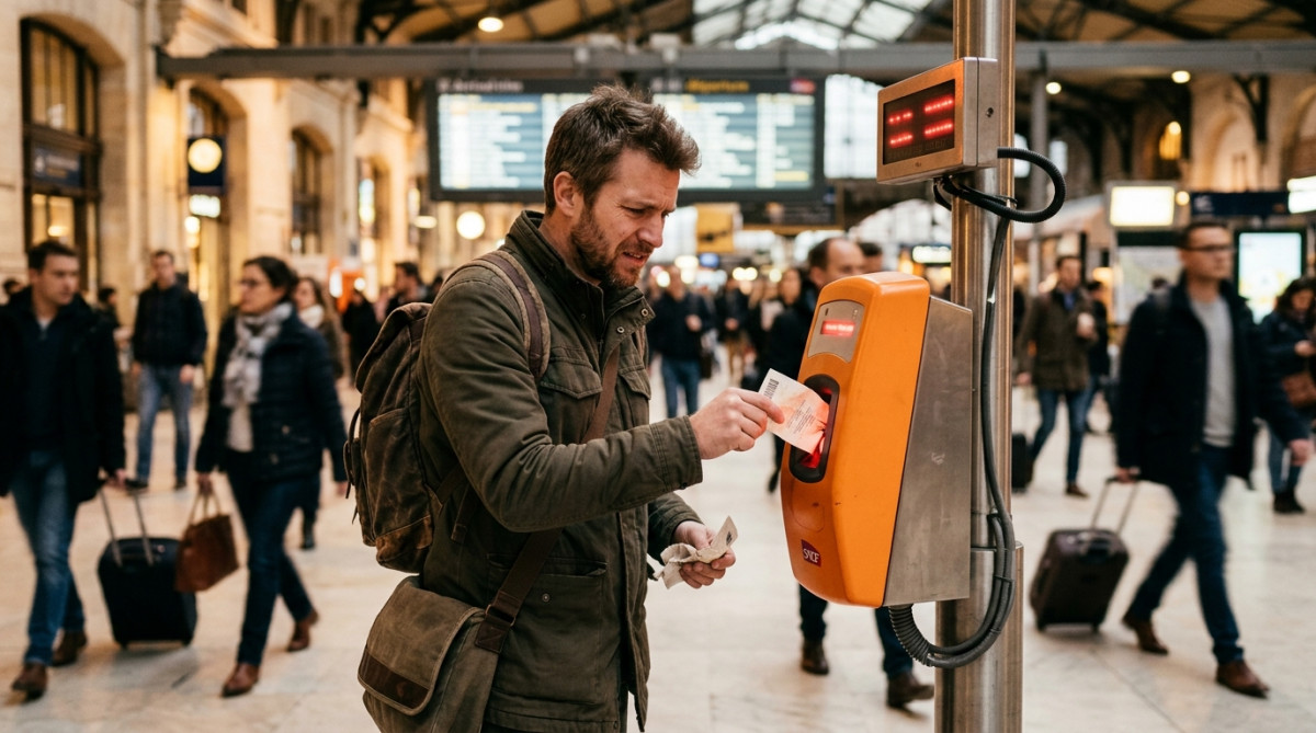 Voyageur frustré devant un composteur de train bloqué