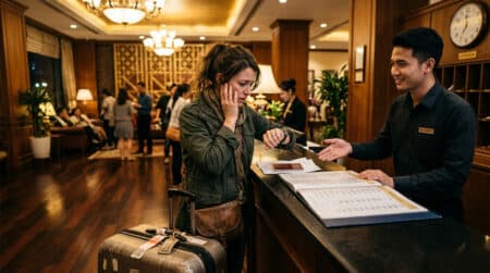 Voyageur inquiet à la réception d'un hôtel