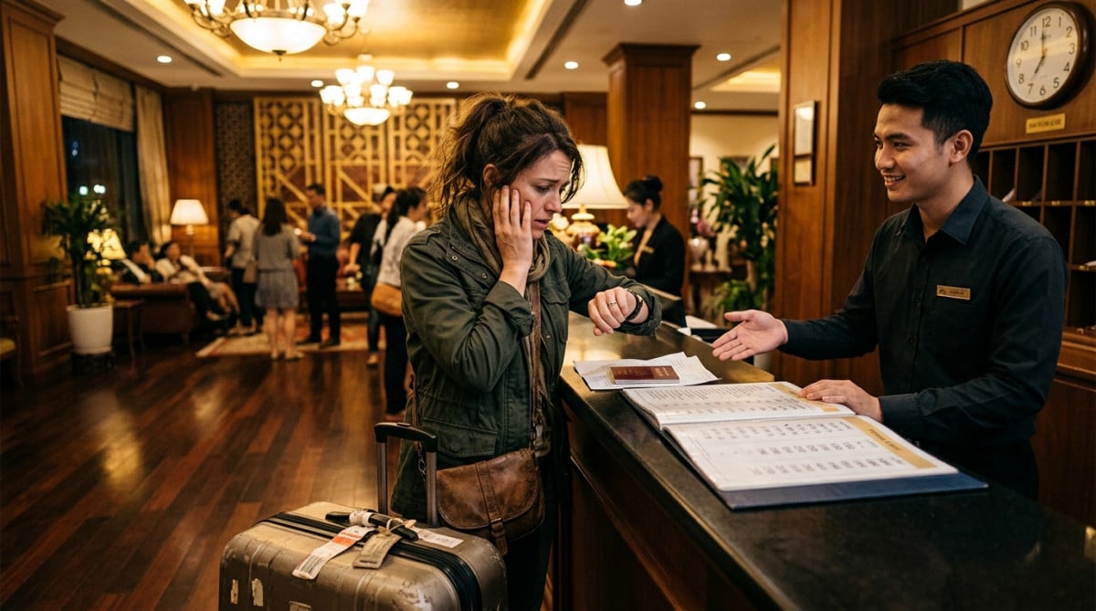 Voyageur inquiet à la réception d'un hôtel
