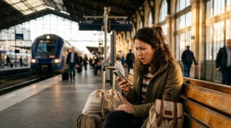 Voyageur surpris devant le prix d'un billet de train qui grimpe