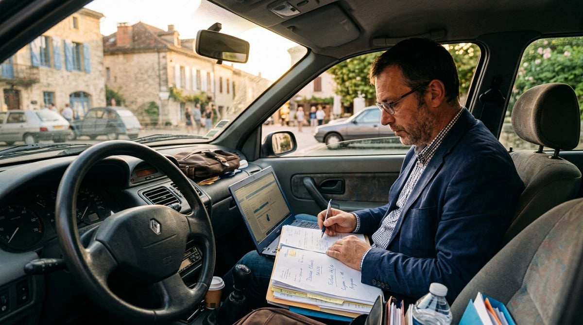 VRP itinérant dans sa voiture avec ses dossiers
