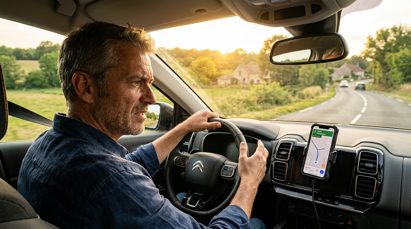Automobiliste consultant son GPS frustré dans sa voiture