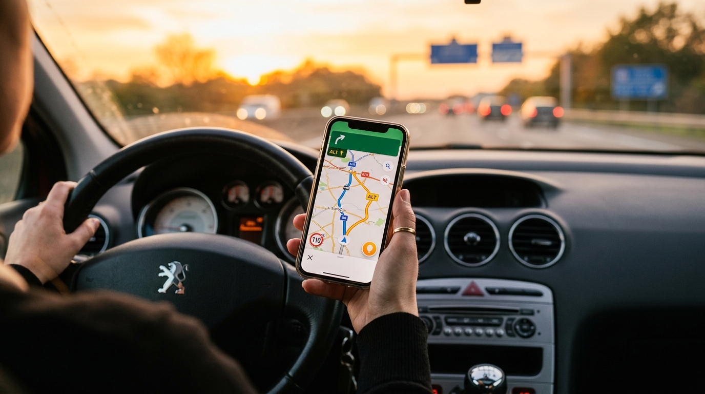 Main tenant un smartphone avec un itinéraire GPS affiché
