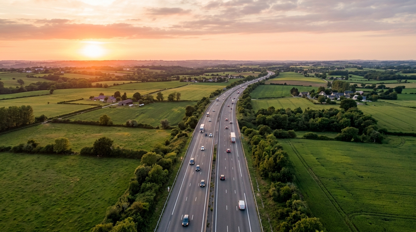 Vue aérienne d'une autoroute française au coucher du soleil