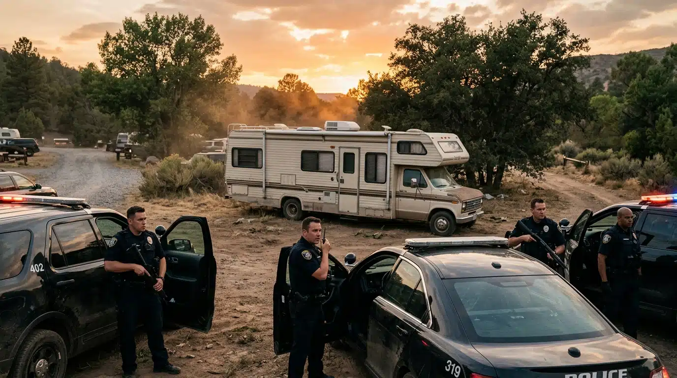 Policiers encerclant un camping-car lors d'une intervention