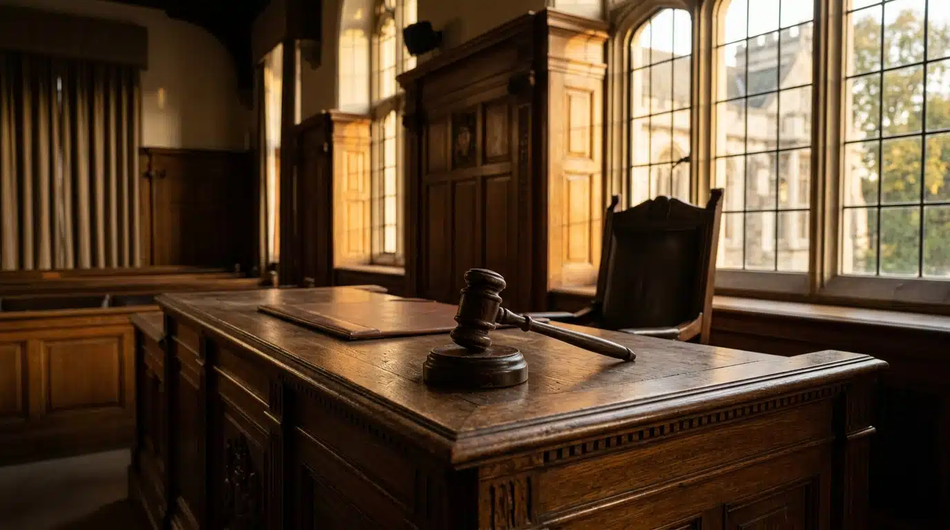 Gavel sur un bureau de tribunal éclairé chaleureusement