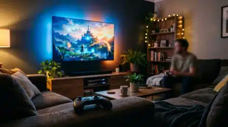 Salon avec télévision allumée et manette de jeu