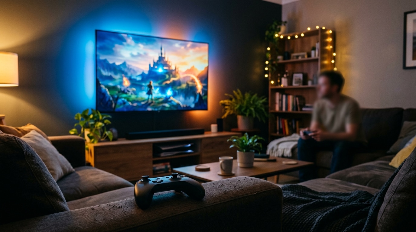 Salon avec télévision allumée et manette de jeu