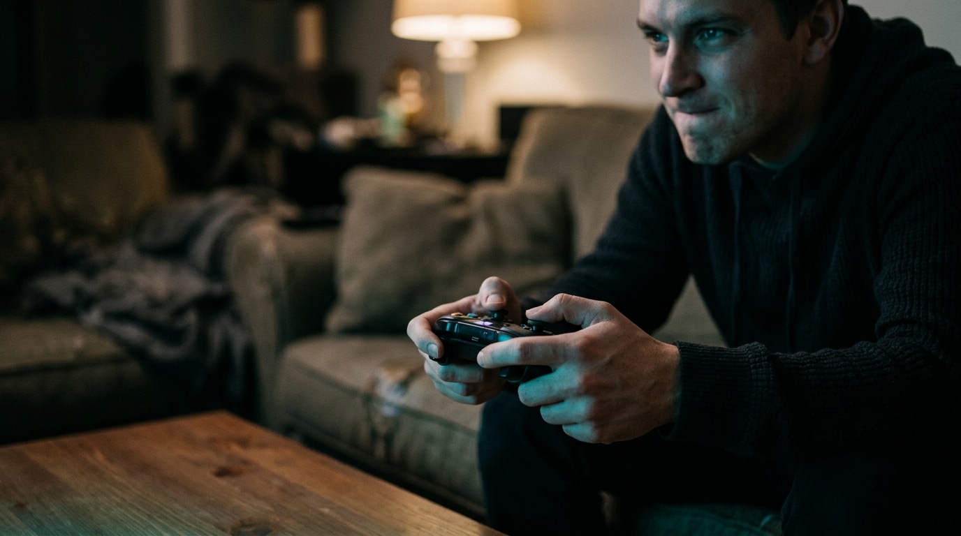 Mains tenant une manette devant un écran allumé