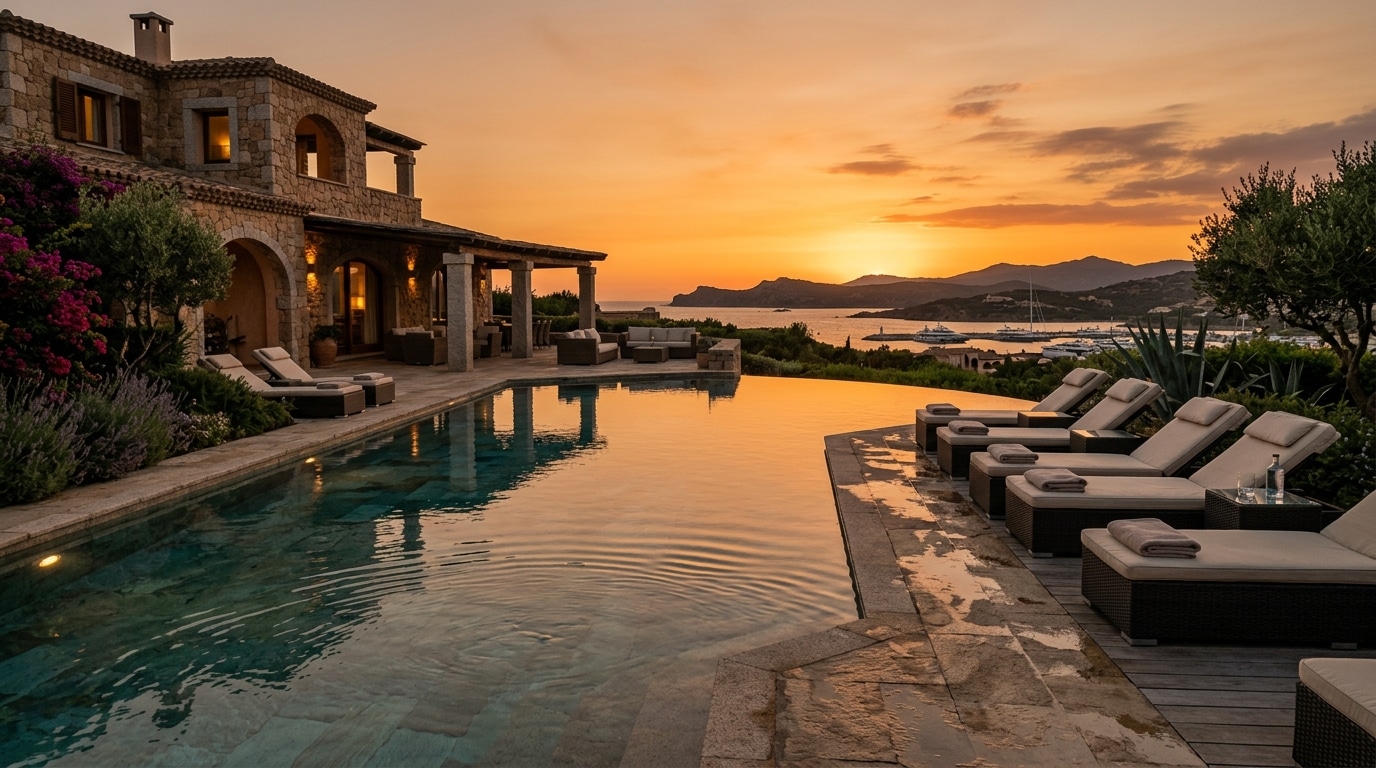 Piscine de villa au coucher du soleil en Sardaigne