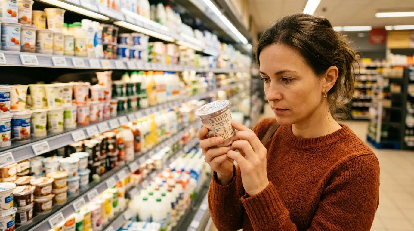 Femme lisant l'étiquette d'un yaourt au supermarché