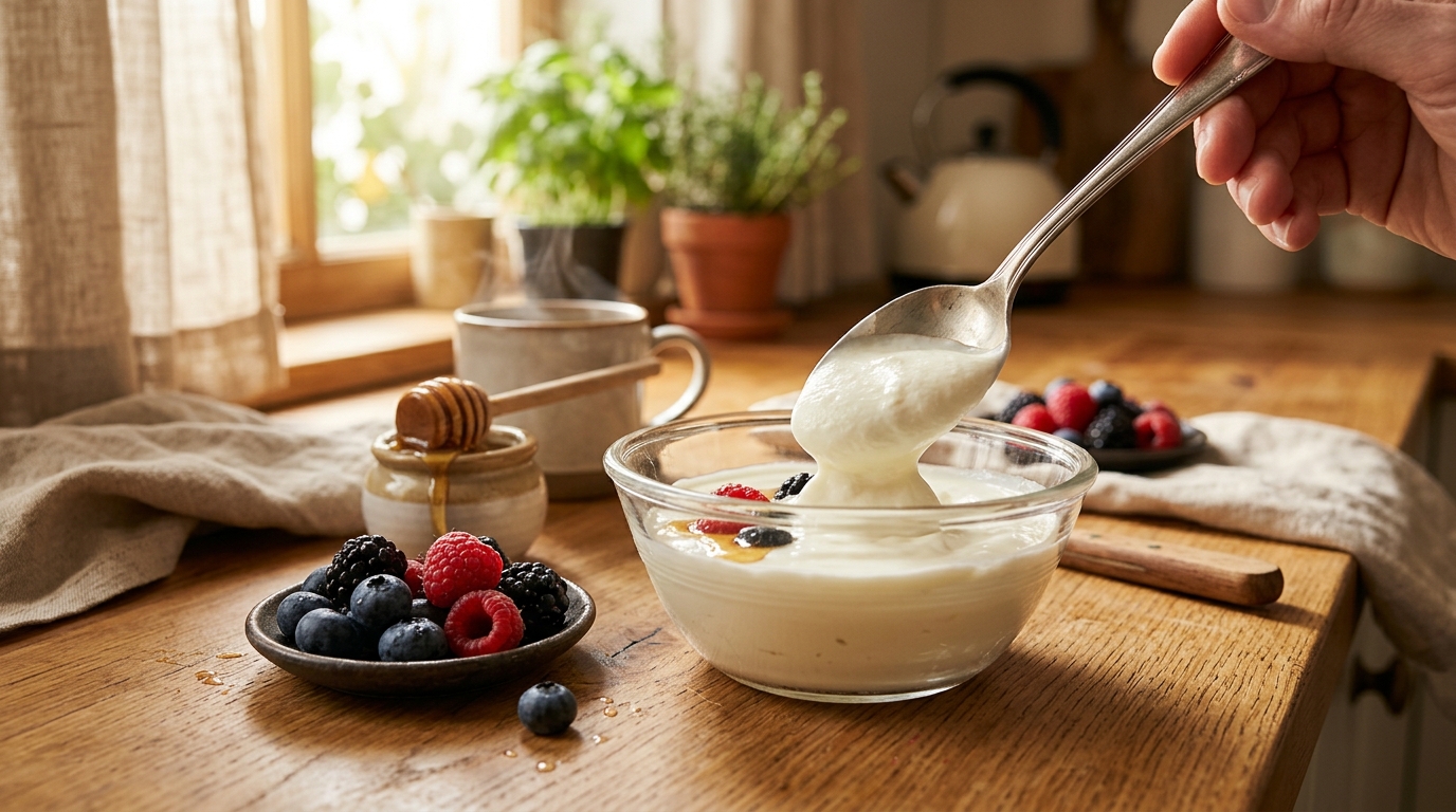 Yaourt nature avec fruits frais et miel sur table