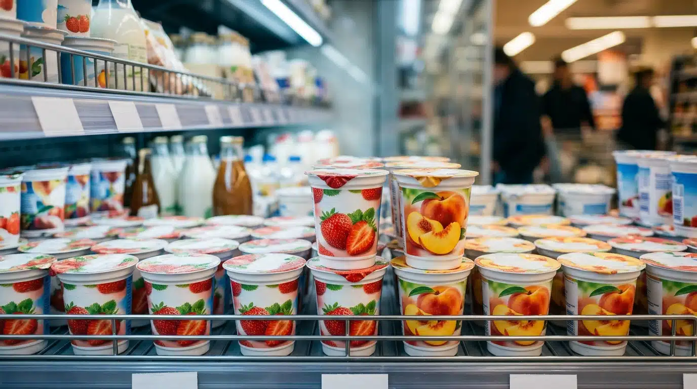 Pots de yaourts aux fruits colorés en rayon supermarché