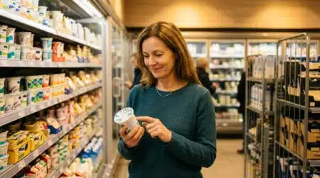 Femme lisant l'étiquette d'un yaourt au supermarché