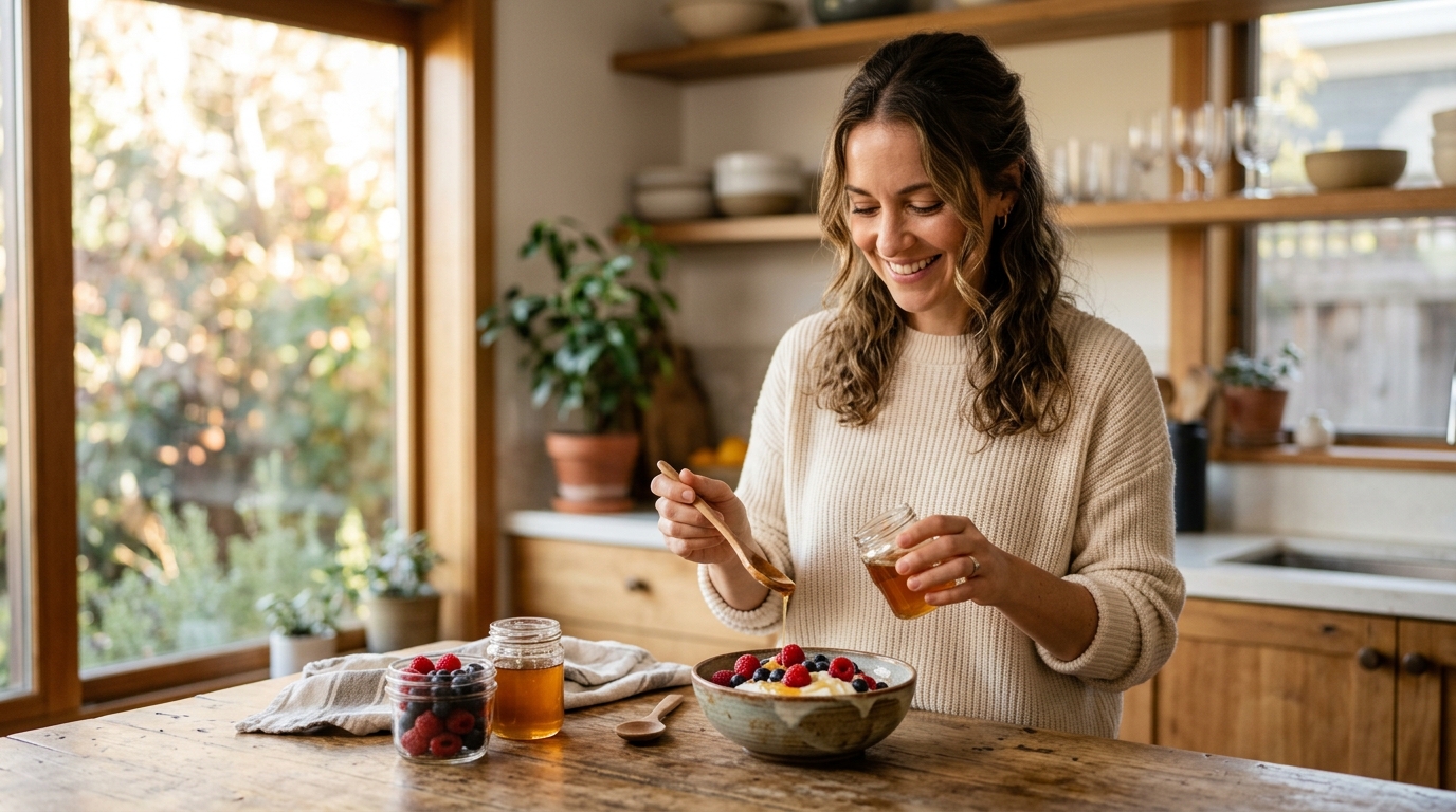 Femme préparant un yaourt nature aux fruits rouges