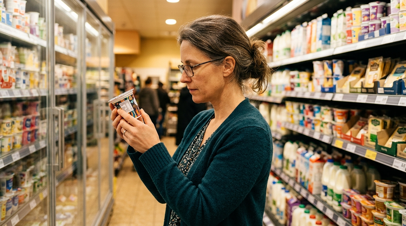 Femme lisant l'étiquette d'un yaourt au supermarché