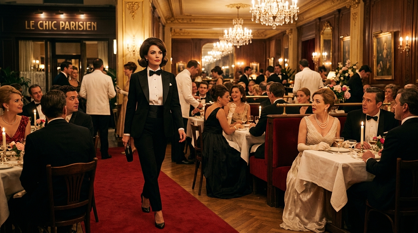 Femme en smoking élégant dans un restaurant parisien