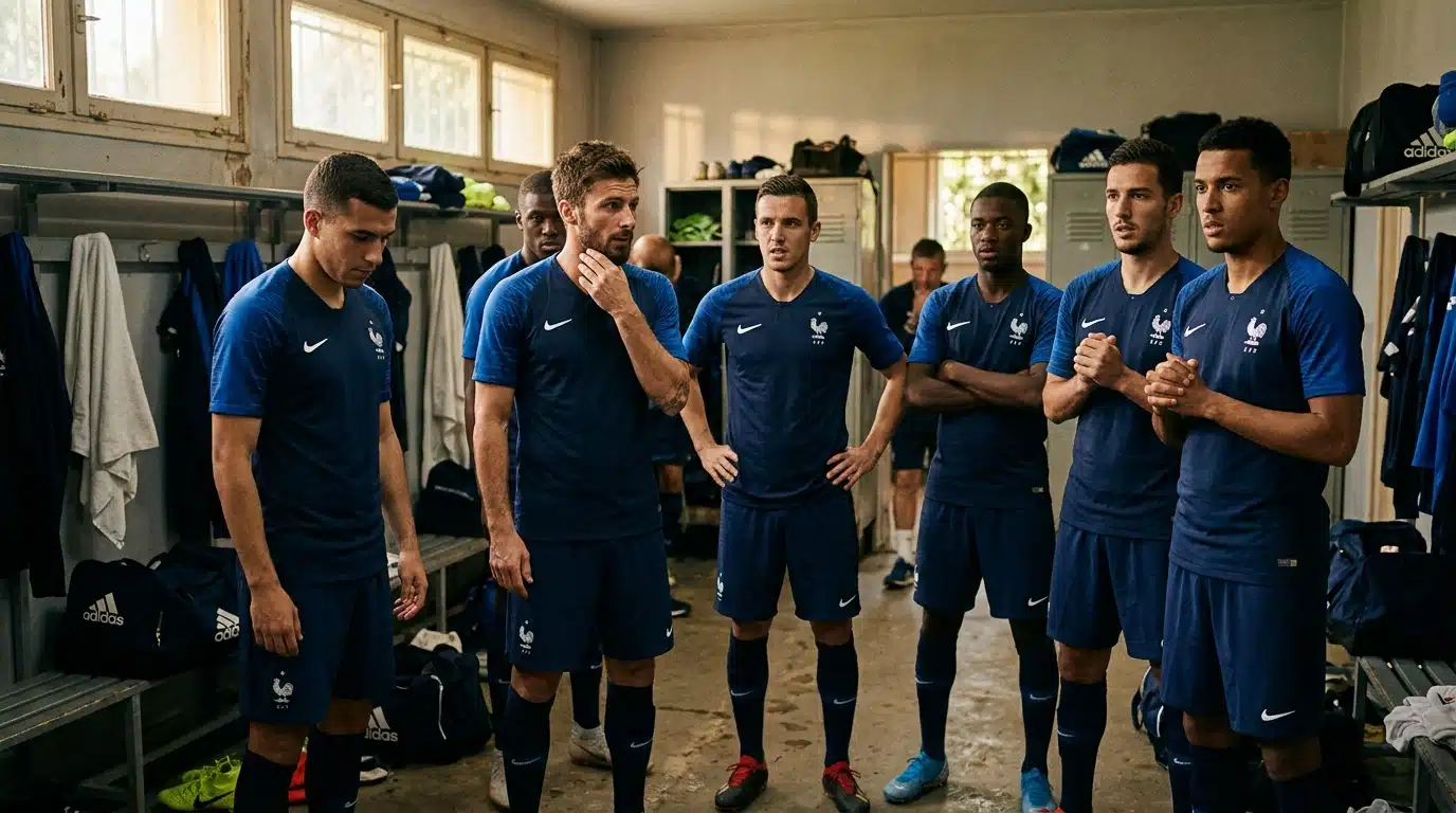 Joueurs de l'équipe de France dans le vestiaire, tension palpable
