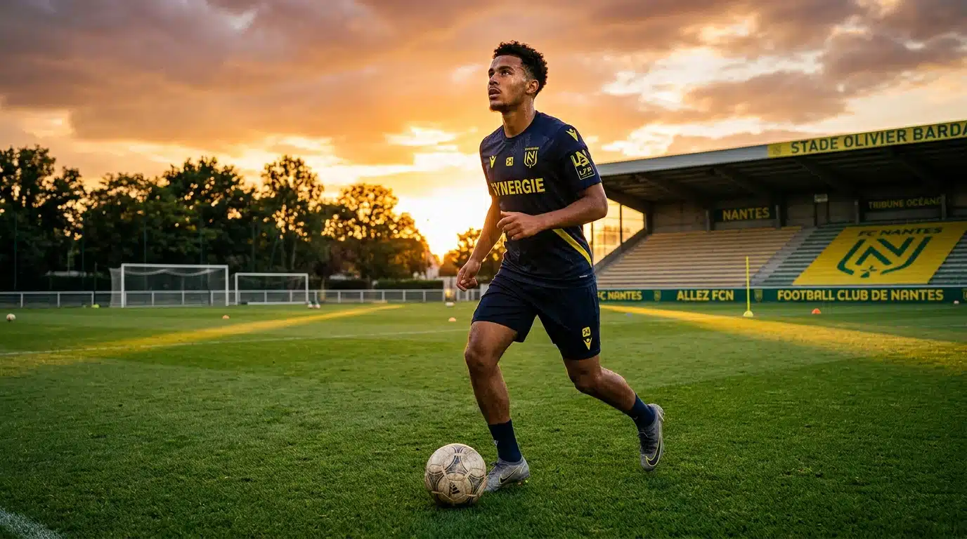 Jeune espoir du football français s'entraînant seul au coucher du soleil