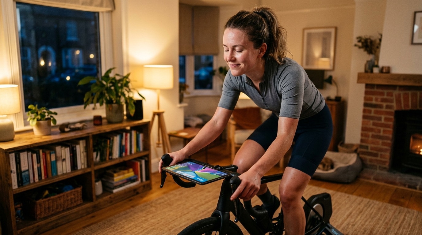 Cycliste souriant sur home trainer connecté salon