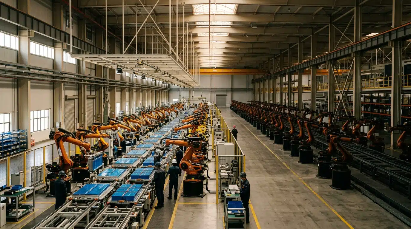 Ligne de production de batteries électriques partiellement à l'arrêt