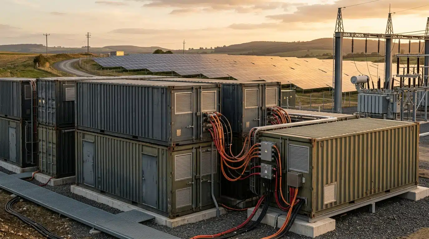 Conteneurs de stockage d'énergie près de panneaux solaires