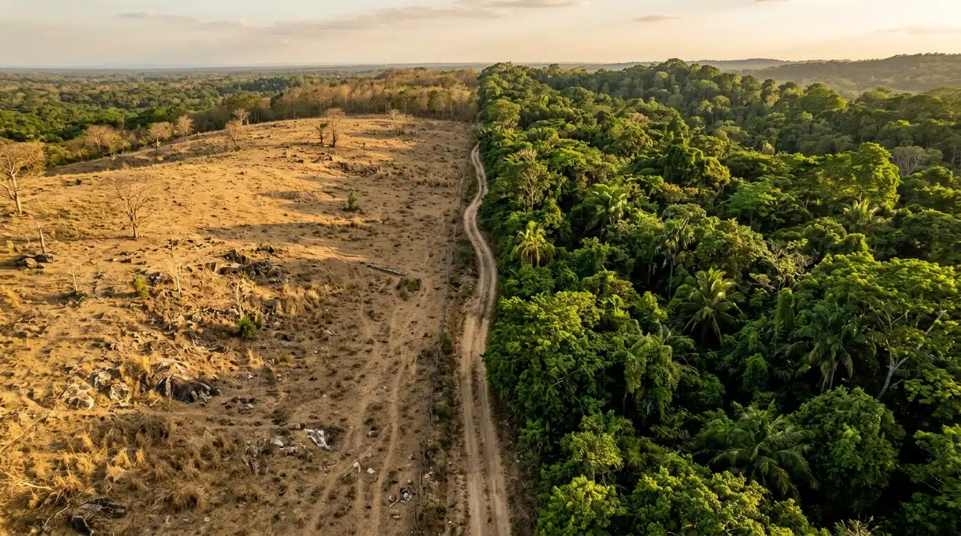 Contraste entre pâturage aride et forêt tropicale dense
