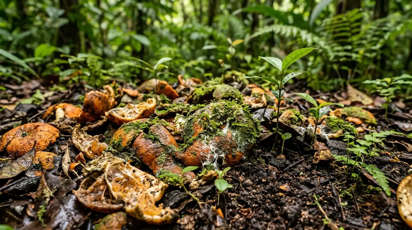 Peaux d'orange en décomposition sur sol tropical humide