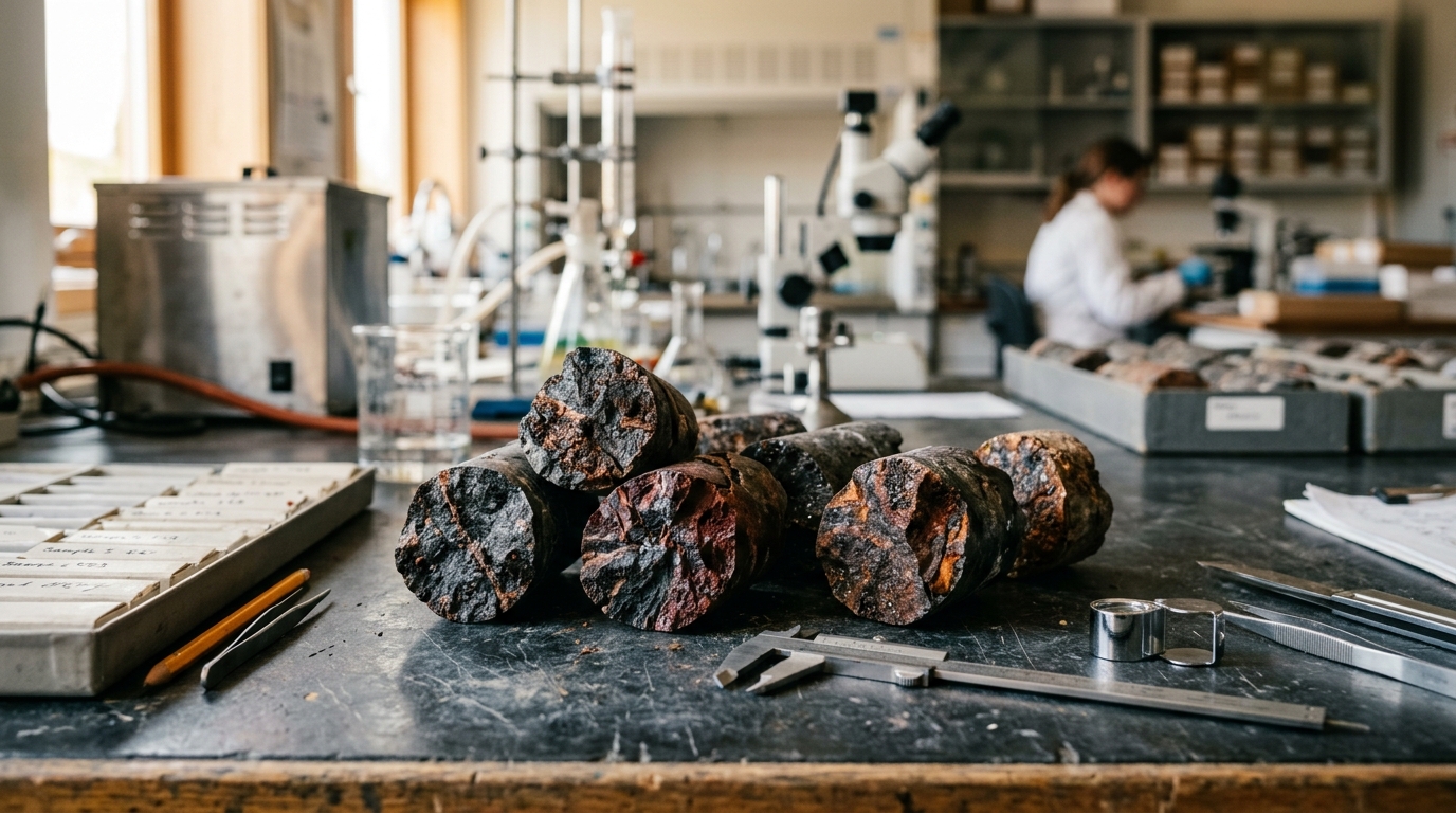 Échantillon de roche profonde sur table de laboratoire