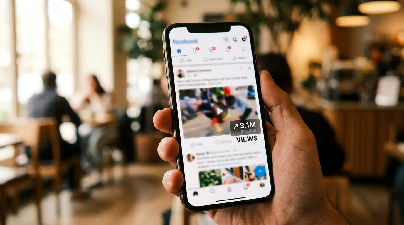 Main tenant un smartphone affichant un compteur de vues