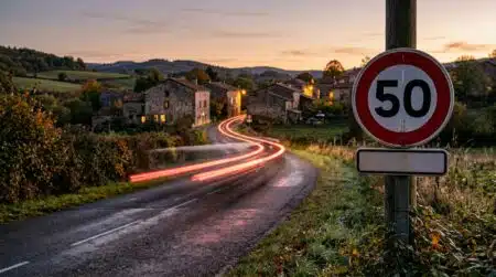 Route de campagne avec panneau limitation 50 km/h