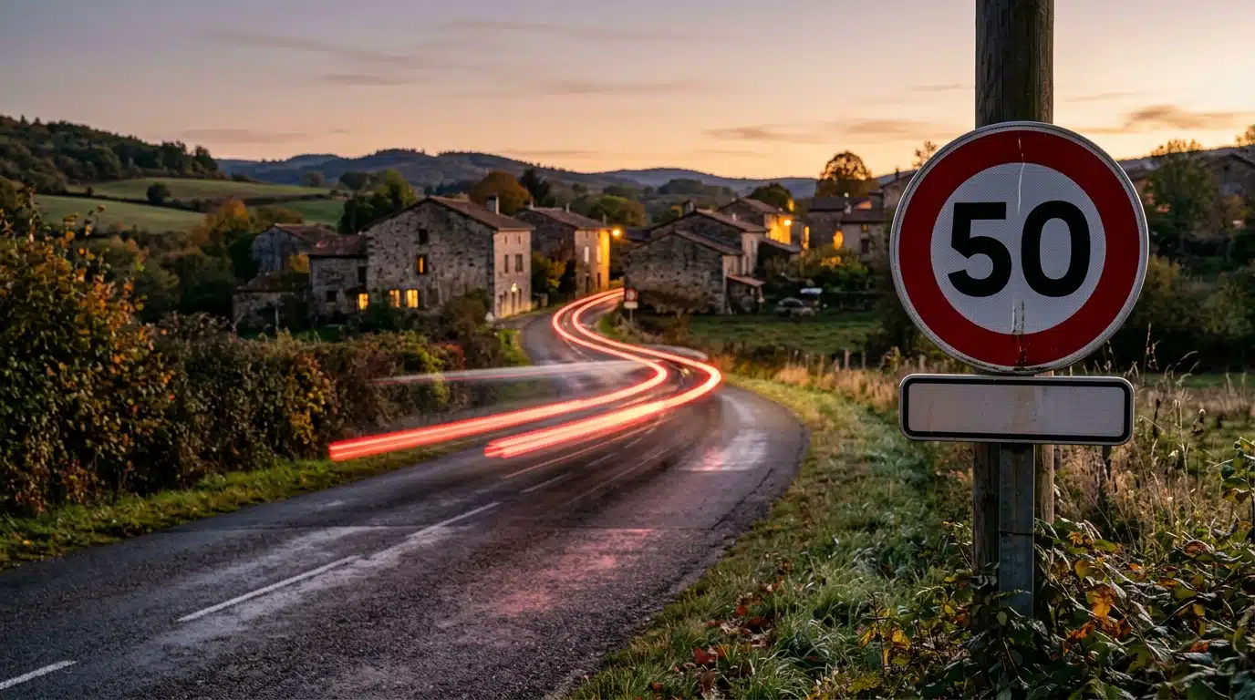 Route de campagne avec panneau limitation 50 km/h