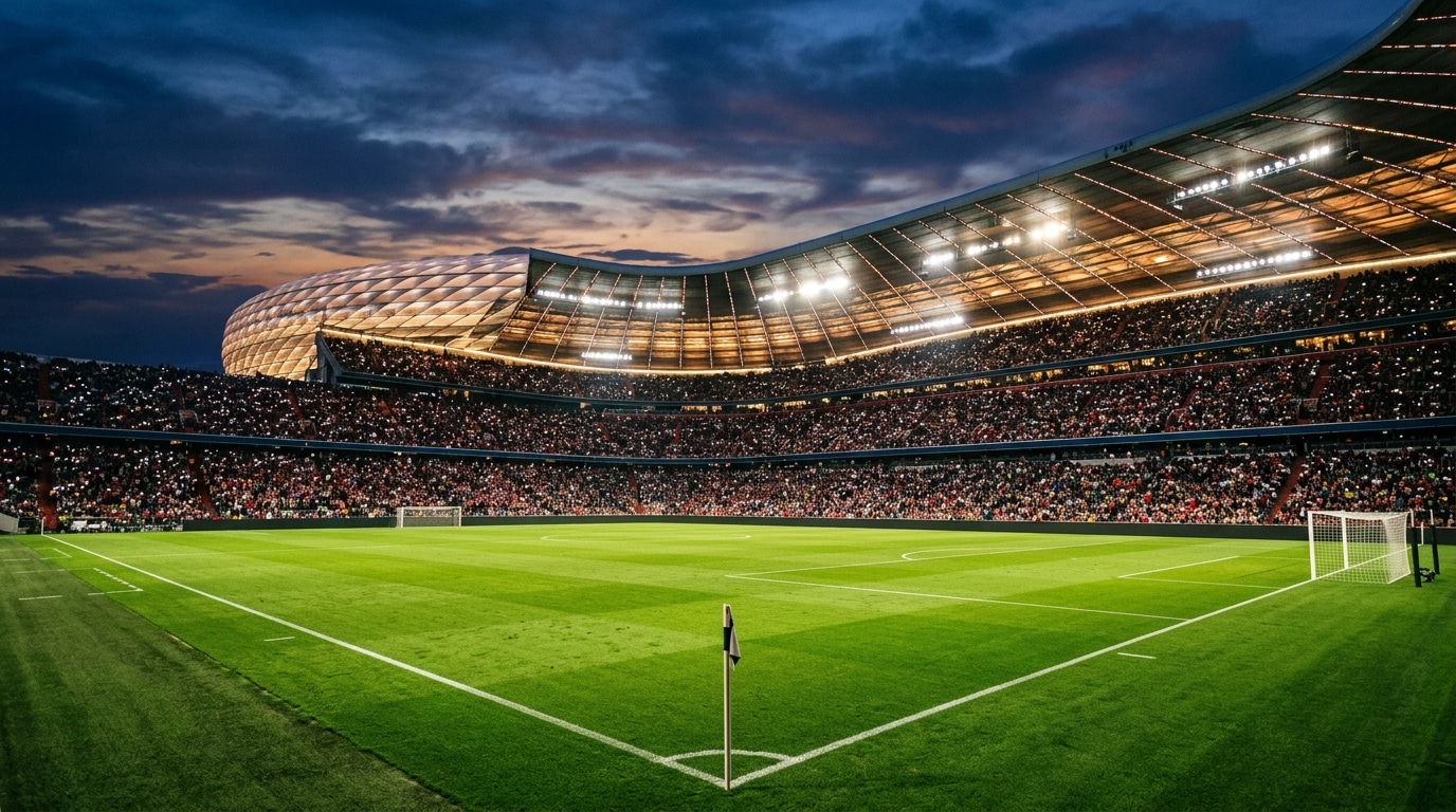 Grand stade de football illuminé au crépuscule, pelouse vide