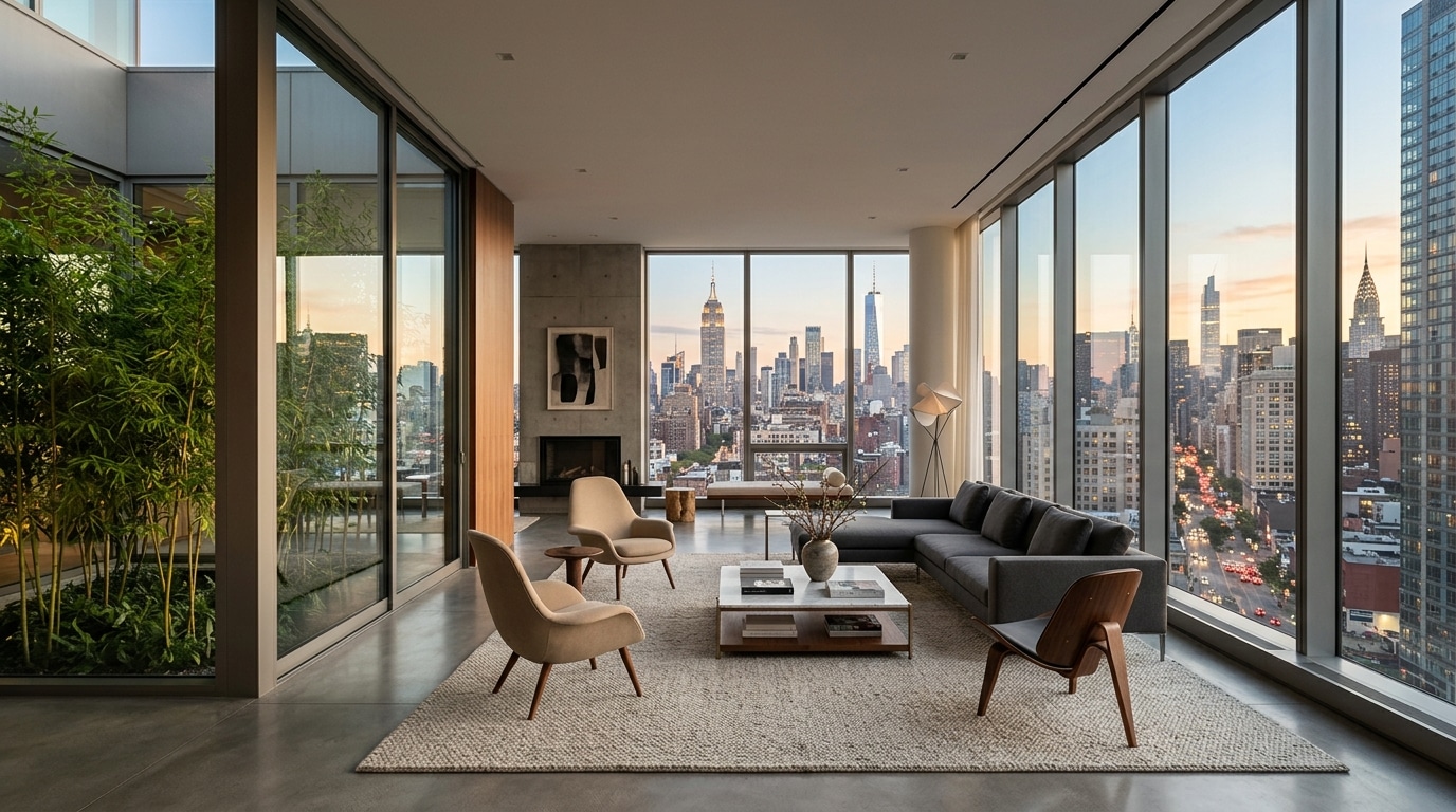 Salon de penthouse new-yorkais baigné de lumière