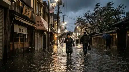 Rue inondée dans une ville japonaise sous la pluie